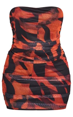 Shape Orange Zebra Print Mesh Corset Detail Ruched Bodycon Dress