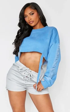 Shape Petrol Blue Extreme Cropped Distressed Sweatshirt