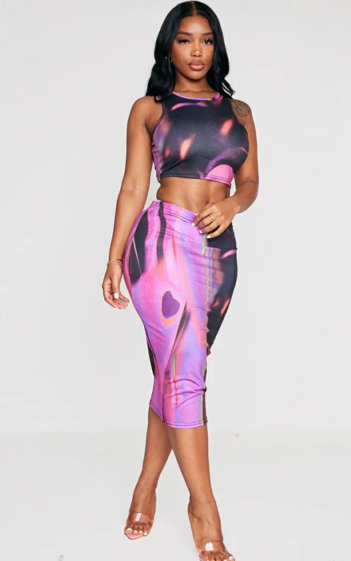 Shape Pink Abstract Print Slinky Low Rise Midi Skirt