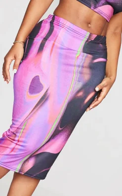 Shape Pink Abstract Print Slinky Low Rise Midi Skirt