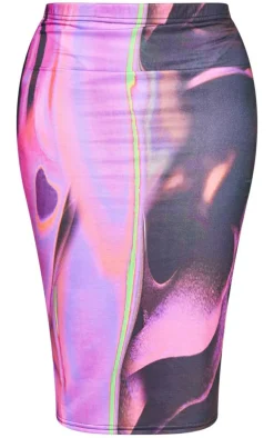 Shape Pink Abstract Print Slinky Low Rise Midi Skirt