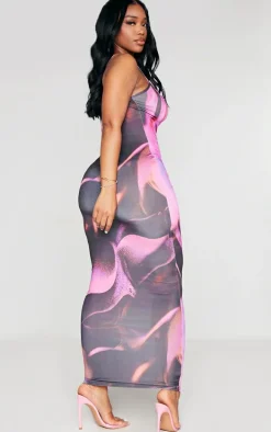 Shape Pink Abstract Print Slinky Spaghetti Strap Midaxi Dress