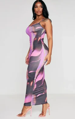 Shape Pink Abstract Print Slinky Spaghetti Strap Midaxi Dress