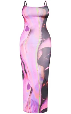 Shape Pink Abstract Print Slinky Spaghetti Strap Midaxi Dress