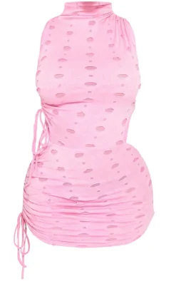 Shape Pink Cut Out Detail Ruched Side High Neck Bodycon Dress