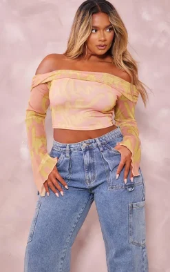 Shape Pink Graffiti Printed Mesh Bardot Long Sleeve Crop Top