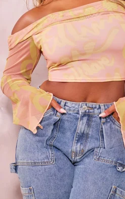 Shape Pink Graffiti Printed Mesh Bardot Long Sleeve Crop Top