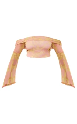 Shape Pink Graffiti Printed Mesh Bardot Long Sleeve Crop Top