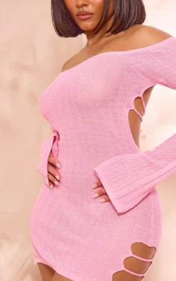 Shape Pink Knit Sheer Cut Out Long Sleeve Bodycon Dress