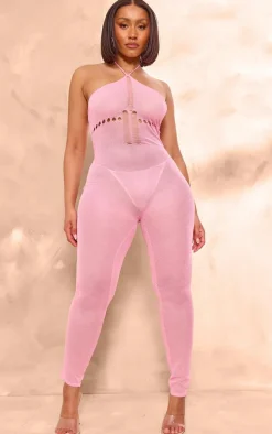 Shape Pink Knit Sheer Halterneck Jumpsuit