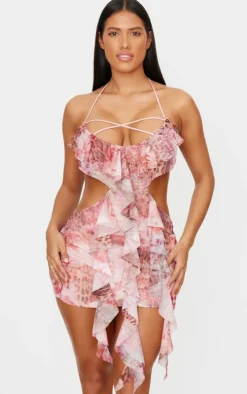 Shape Pink Mesh Printed Ruffle Open Back Halter Dress