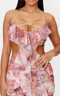 Shape Pink Mesh Printed Ruffle Open Back Halter Dress