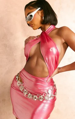 Shape Pink Metallic Halterneck Cut Out Bodycon Dress