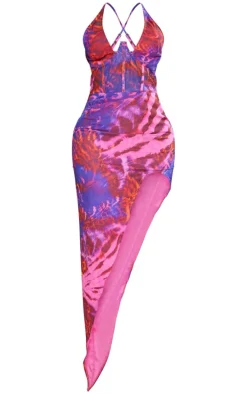 Shape Pink Printed Chiffon Corset Detail Asymmetric Hem Midi Dress