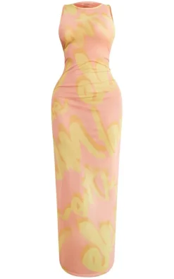 Shape Pink Printed Graffiti Sheer Mesh Sleeveless Maxi Dress