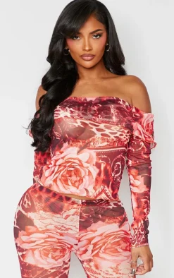Shape Pink Printed Mesh Bardot Foldover Top