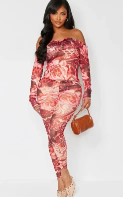 Shape Pink Printed Mesh Bardot Foldover Top