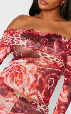 Shape Pink Printed Mesh Bardot Foldover Top