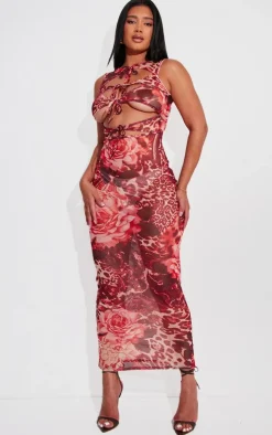 Shape Pink Printed Mesh Sleeveless Tie Front Cut Out Maxi Dress