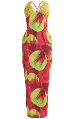 Shape Pink Printed Woven Lace Cup Detail Maxi Dress