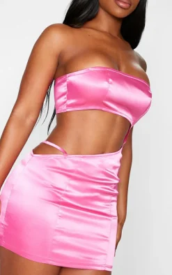 Shape Pink Satin Cut Out Bandeau Bodycon Dress