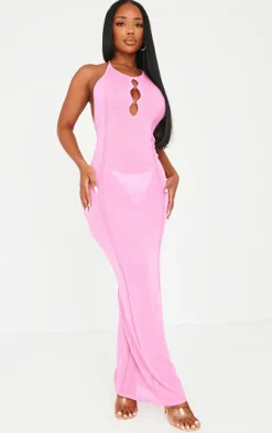 Shape Pink Sheer Knitted Low Back Ring Detail Maxi Dress