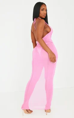 Shape Pink Sheer Knitted Low Back Ring Detail Maxi Dress