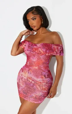 Shape Pink Tropical Printed Mesh Bardot Bodycon Dress