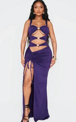 Shape Purple Cut Out High Leg Maxi Dress With Gold Trim