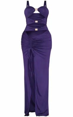 Shape Purple Cut Out High Leg Maxi Dress With Gold Trim