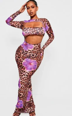 Shape Purple Leopard Printed Mesh Open Back Maxi Dress With Bralet Insert