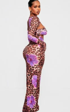 Shape Purple Leopard Printed Mesh Open Back Maxi Dress With Bralet Insert