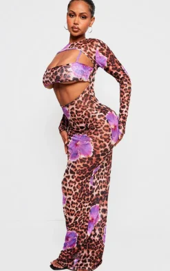 Shape Purple Leopard Printed Mesh Open Back Maxi Dress With Bralet Insert