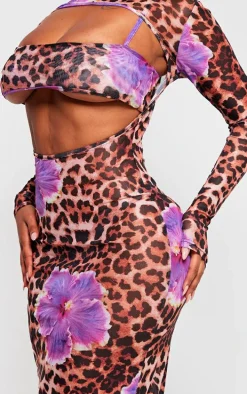 Shape Purple Leopard Printed Mesh Open Back Maxi Dress With Bralet Insert