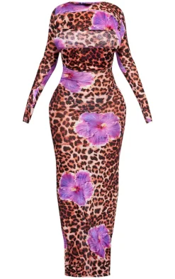 Shape Purple Leopard Printed Mesh Open Back Maxi Dress With Bralet Insert