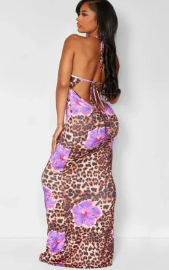 Shape Purple Leopard Printed Slinky Halterneck Ruched Bum Maxi Dress