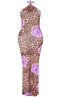 Shape Purple Leopard Printed Slinky Halterneck Ruched Bum Maxi Dress