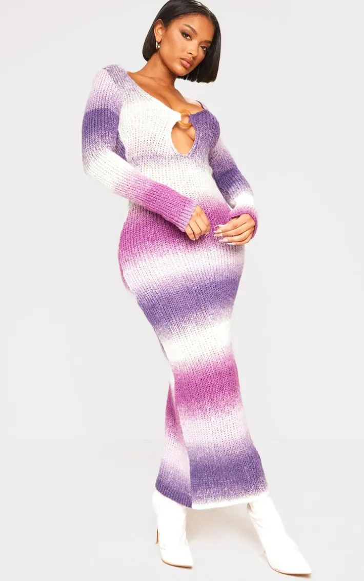 Shape Purple Ombre Knit Plunge Ring Long Sleeve Midaxi Dress