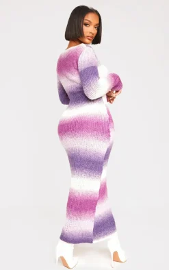 Shape Purple Ombre Knit Plunge Ring Long Sleeve Midaxi Dress