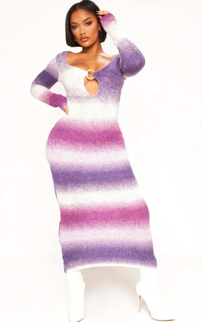 Shape Purple Ombre Knit Plunge Ring Long Sleeve Midaxi Dress