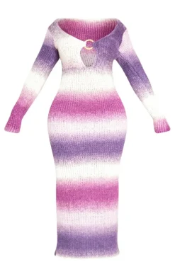Shape Purple Ombre Knit Plunge Ring Long Sleeve Midaxi Dress