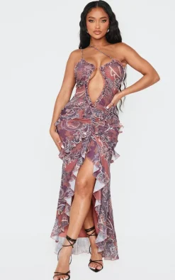 Shape Purple Paisley Print Plunge Frill Hem Front Split Maxi Dress