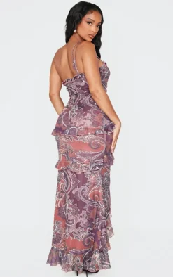 Shape Purple Paisley Print Plunge Frill Hem Front Split Maxi Dress