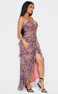 Shape Purple Paisley Print Plunge Frill Hem Front Split Maxi Dress