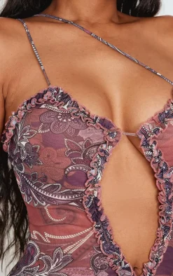 Shape Purple Paisley Print Plunge Frill Hem Front Split Maxi Dress