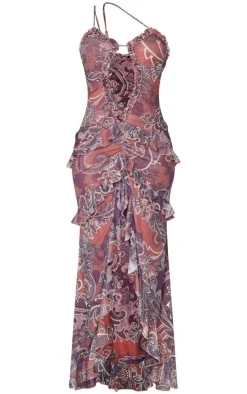 Shape Purple Paisley Print Plunge Frill Hem Front Split Maxi Dress