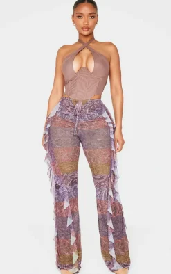 Shape Purple Paisley Print Frill Flared Strappy Waist Pants