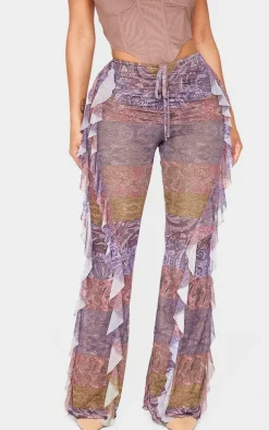 Shape Purple Paisley Print Frill Flared Strappy Waist Pants