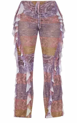 Shape Purple Paisley Print Frill Flared Strappy Waist Pants