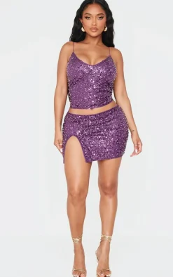Shape Purple Pearl Sequin Low Rise Side Split Mini Skirt